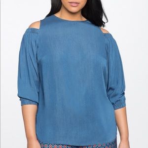 Eloquii puff-sleeve cold shoulder chambray top